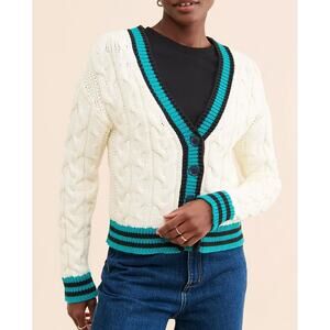 Maeve Anthropologie Long Sleeve V Neck Cable Knit Varsity Cardigan Sweater White